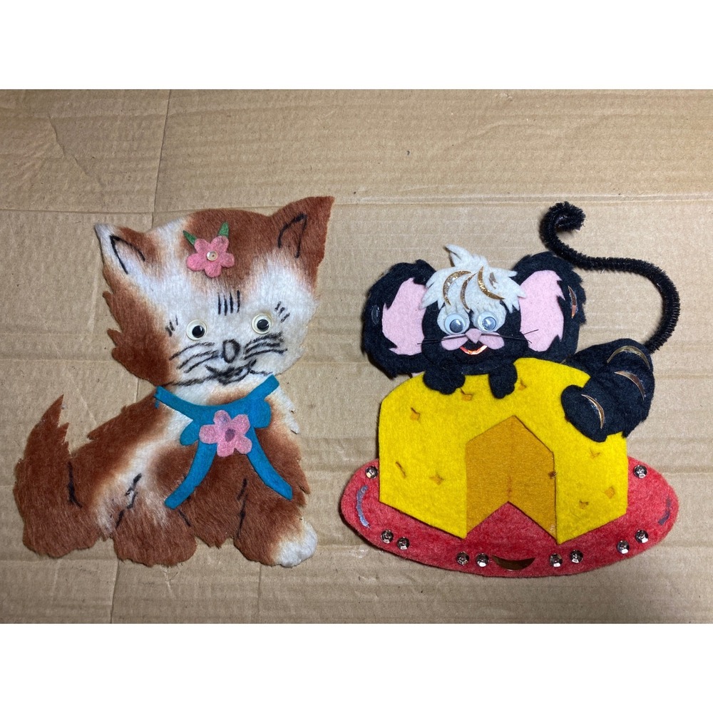 Vintage Handmade Mouse & Cat Fridge Magnets Felt Fabric Googly Eyes Set of 2